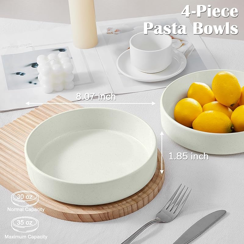 4 Pzas Cuencos Cerámica 35oz para Pasta Sopa Ensalada Blanco