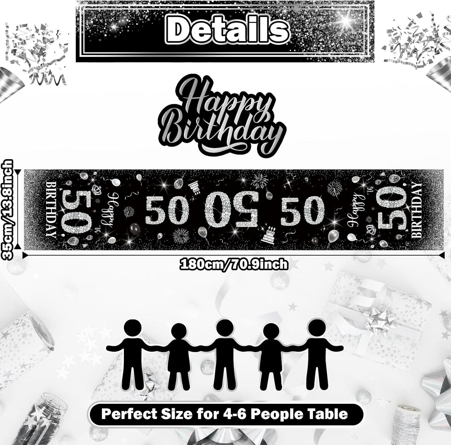 Mesa cumpleaños 50 color negro plateado antiderrap 72pulg