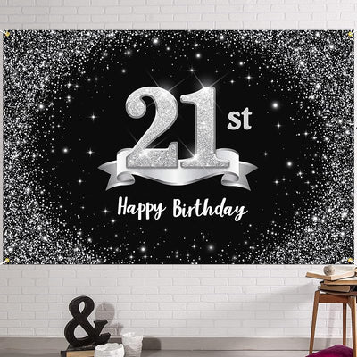 Fondo pancarta feliz cumpleaños 21 6x4ft negro plateado