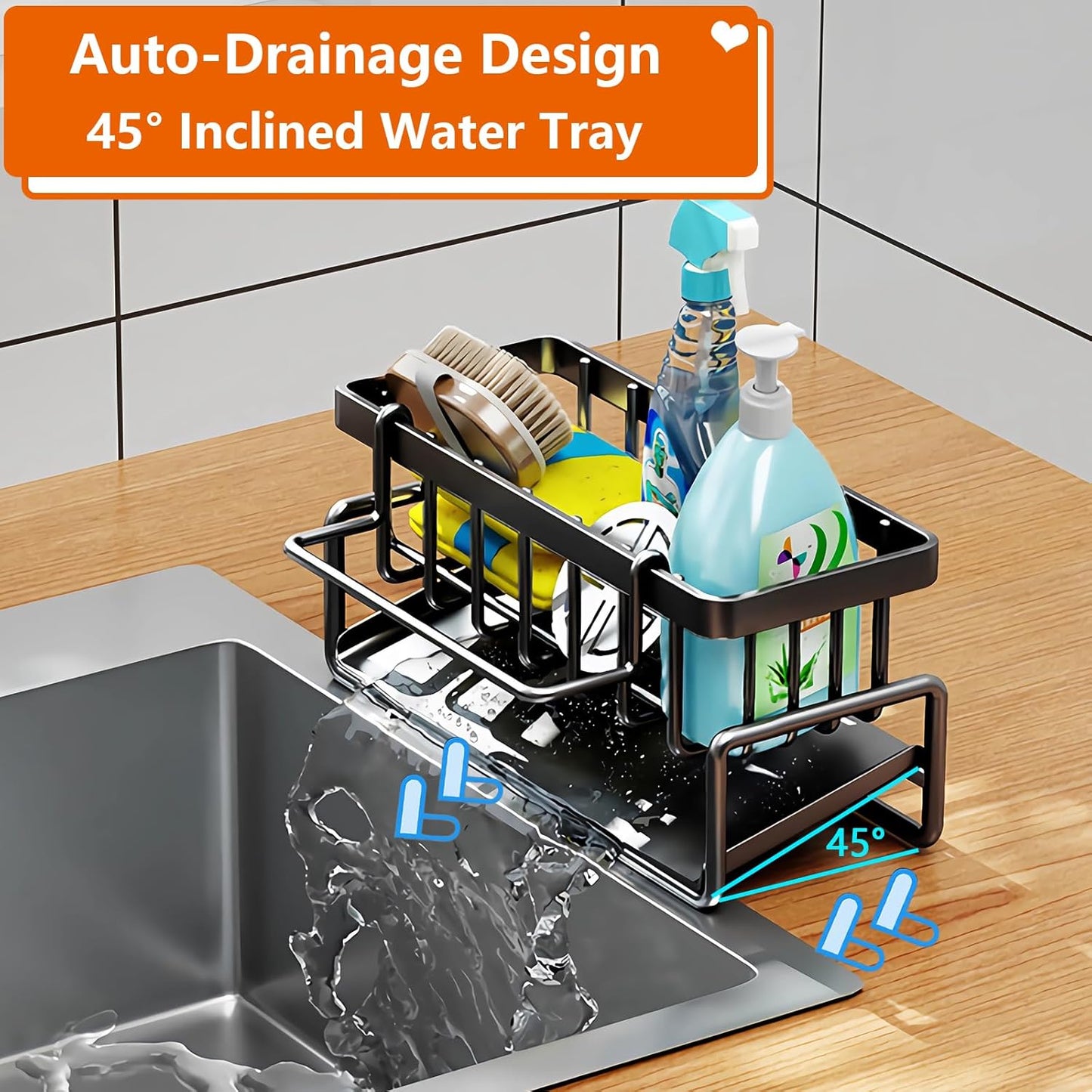 Organiz. fregadero acero inox con soporte esponja y cepillo gris