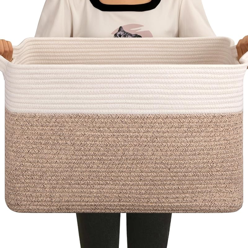 Cesta para manta tejida algodón 65L 20x16x12pulg marrón y blanco