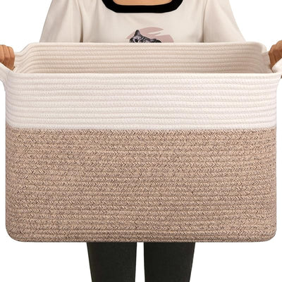 Cesta para manta tejida algodón 65L 20x16x12pulg marrón y blanco