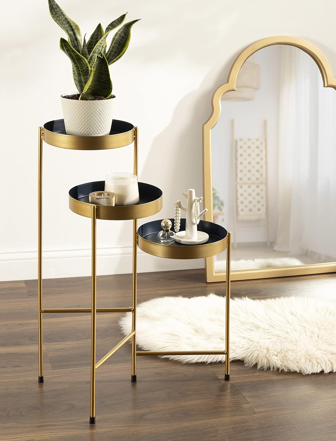 Soporte plantas 3 niveles metal azul marino y dorado