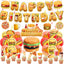 Decoración fiesta comida rápida con pancarta cupcakes y globos
