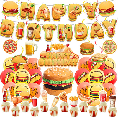 Decoración fiesta comida rápida con pancarta cupcakes y globos