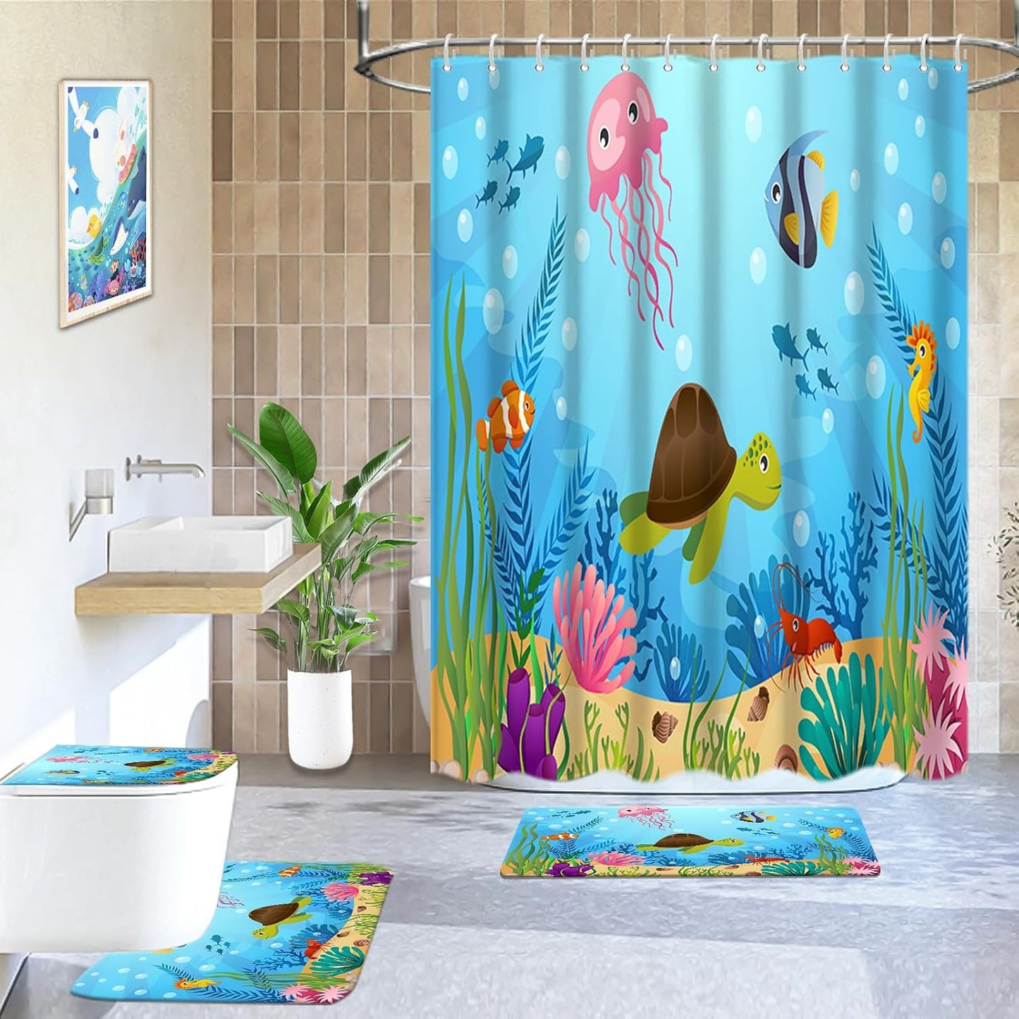 Juego 4 cortinas ducha baño niños con tortugas antideslizante