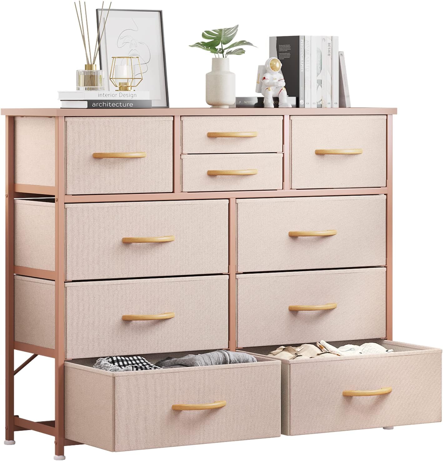Cómoda 10 cajones tela acero inox madera mango oro rosa
