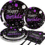 Juego platos servilletas cumpleaños morado y negro 25 invitados