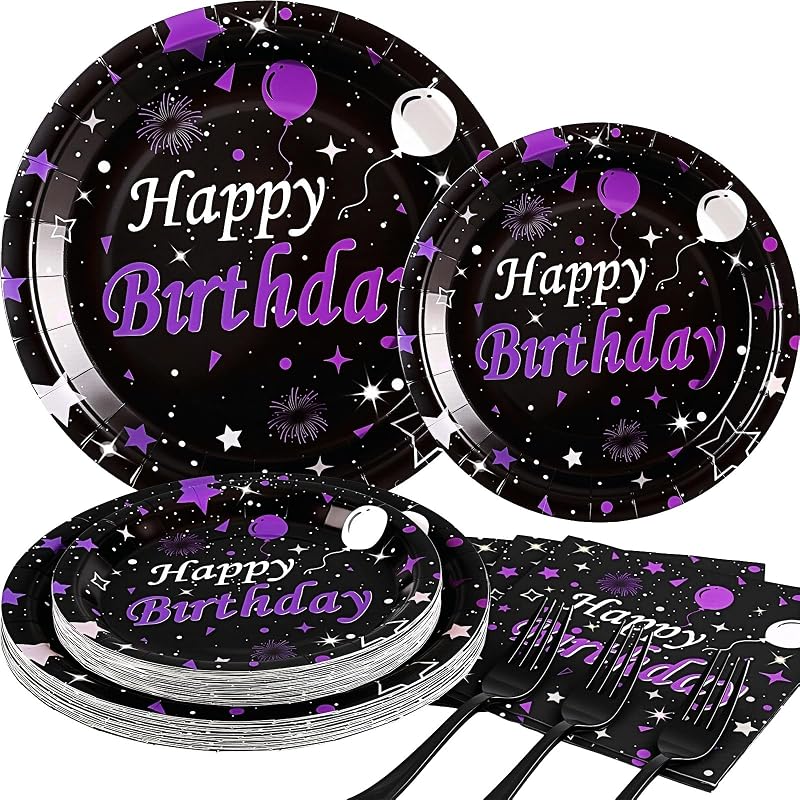 Juego platos servilletas cumpleaños morado y negro 25 invitados