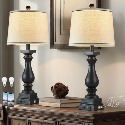 2 Lámparas Mesa Estilo Granja 28pulg USB AC Control Táctil