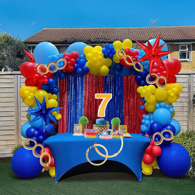 Kit arco globos rojos azules amarillos 140uds estrellas fiesta