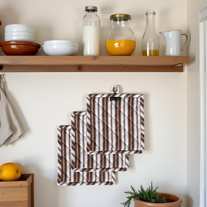 Set 3 fundas algodón 8x8pulg cocina con gancho marrón