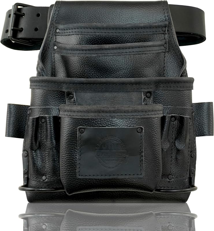 Bolsa cuero negro 10 bolsillos herramientas con cinturón