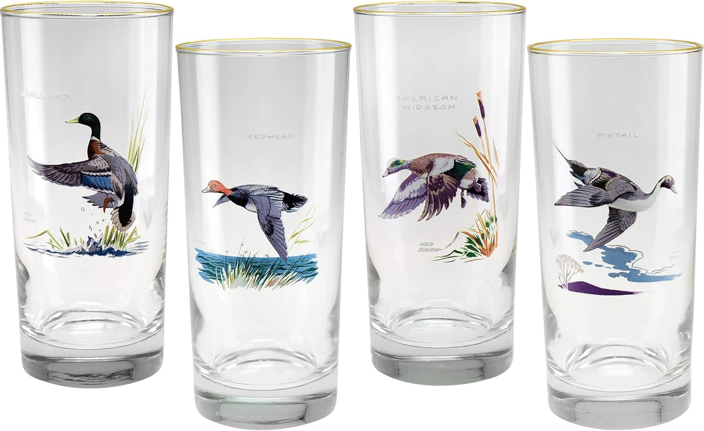 Vasos enfriadores aves acuáticas borde dorado 15oz set 4