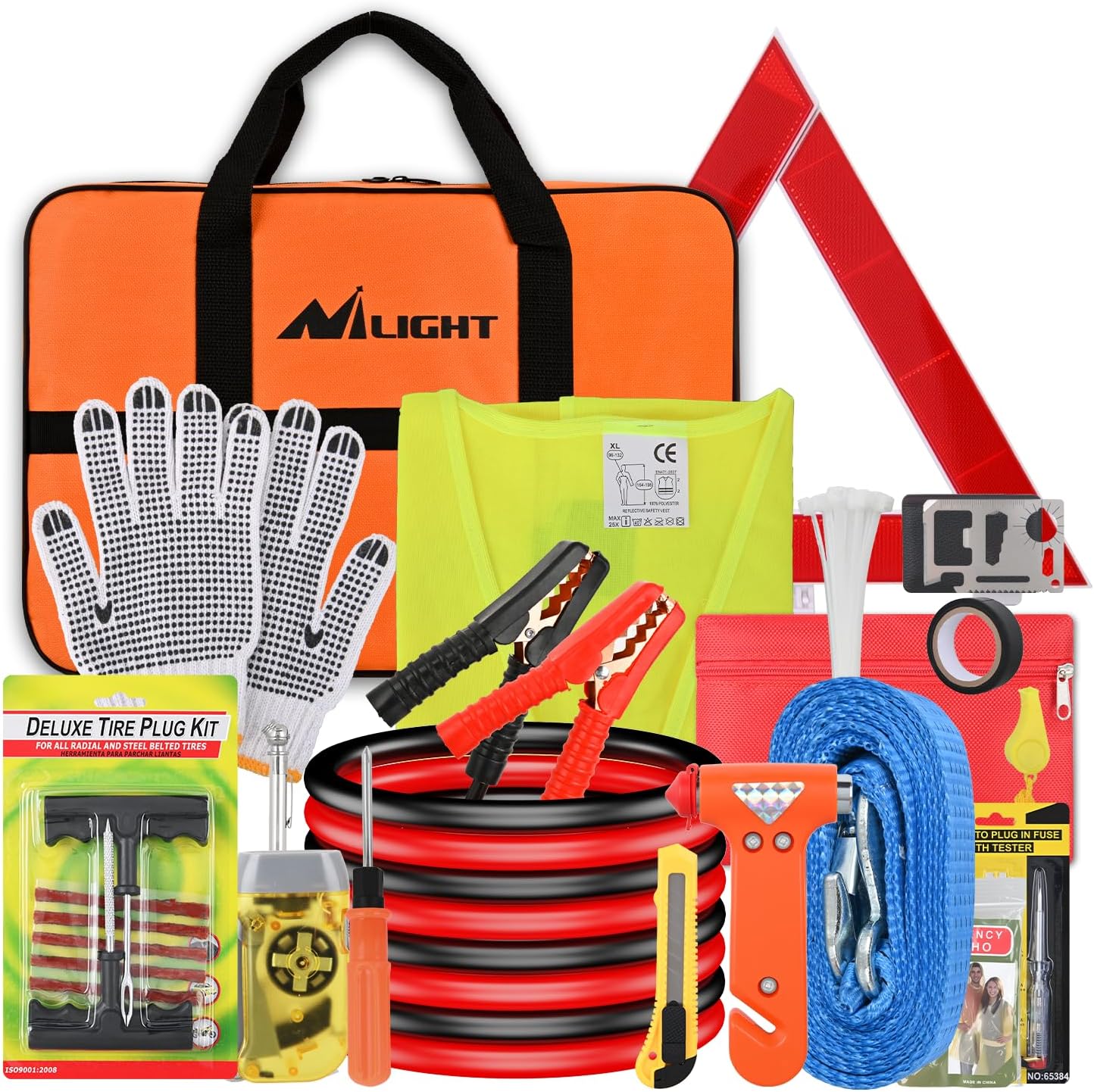 Kit emergencia coche con cables de arranque y linterna