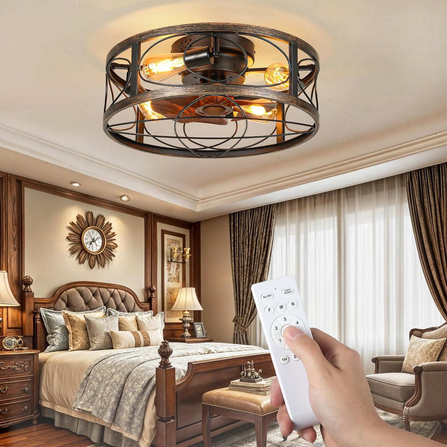 Ventilador techo enjaulado 20pulg luces 6 velocidades