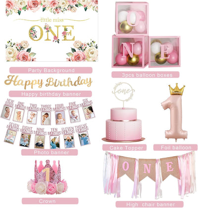 Decoración primer cumpleaños niña con globos y telón