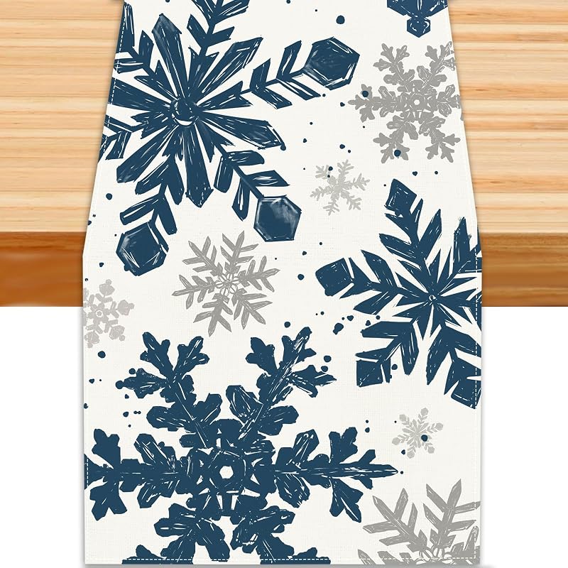 Mesa navideña invierno copos nieve plateados azules 13x72pulg