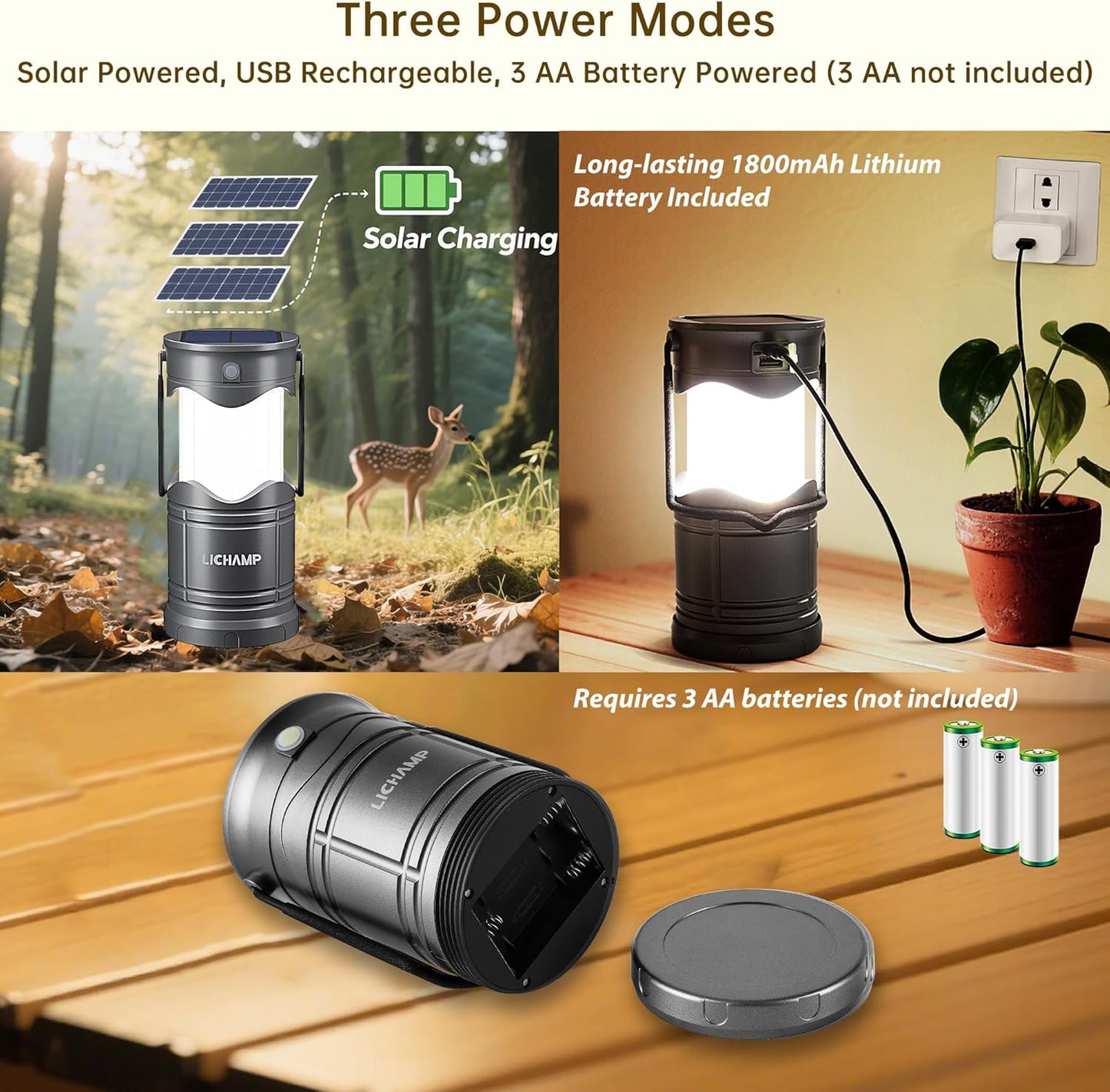 Linterna solar LED recargable USB 3 modos emergencias