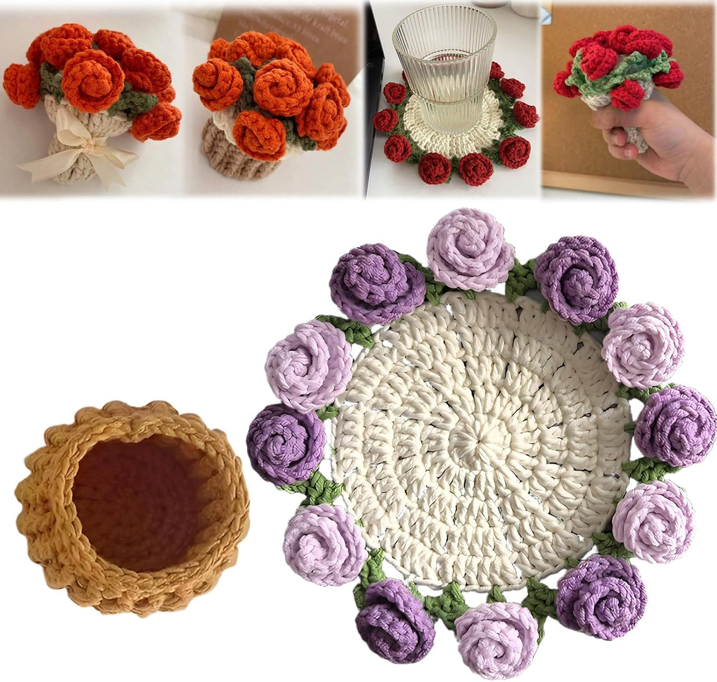 Posavasos manta ramo flores mini rosa ganchillo