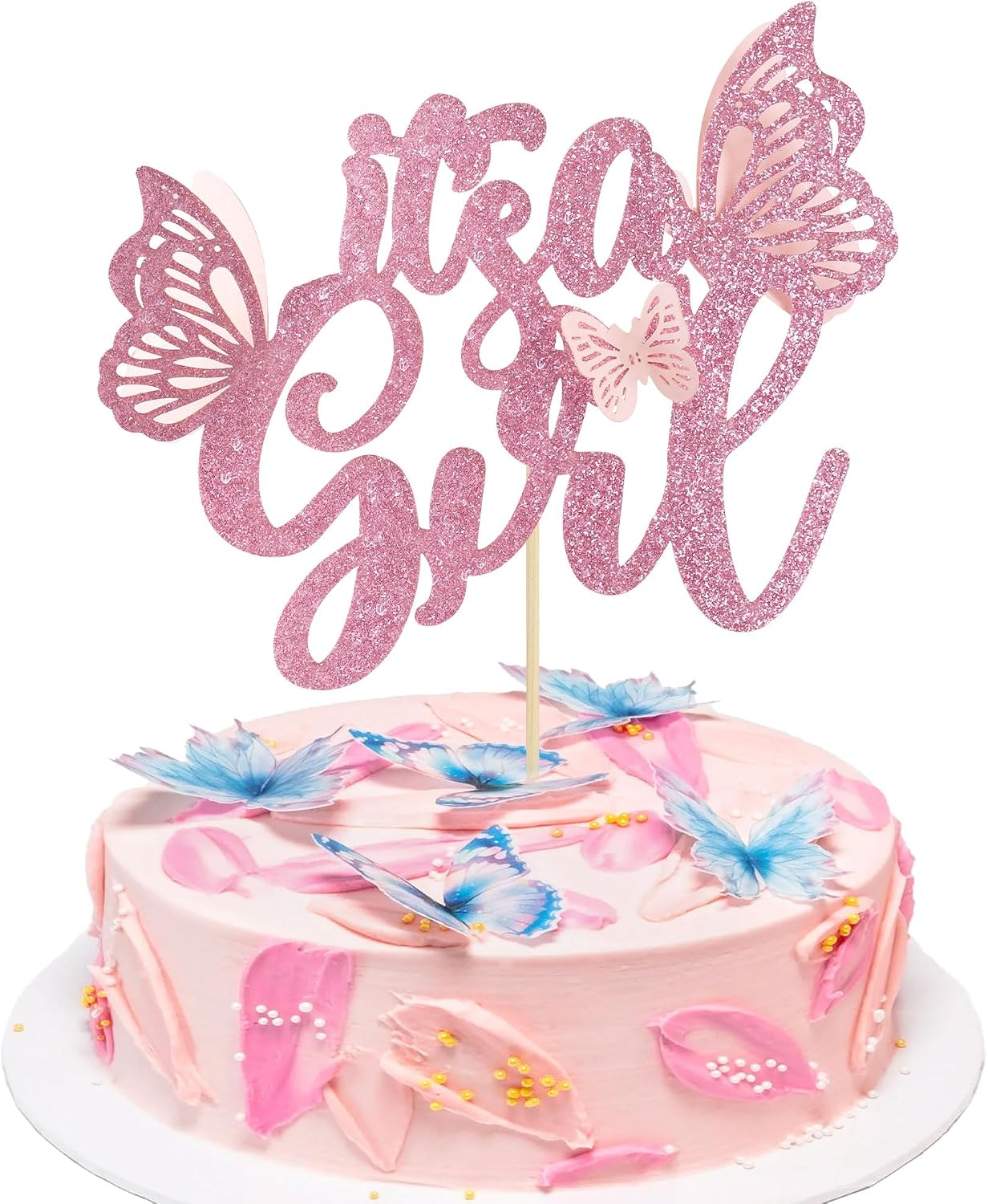 Decoración pastel mariposa 3D purpurina rosa baby shower