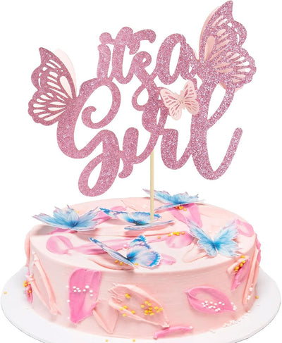 Decoración pastel mariposa 3D purpurina rosa baby shower