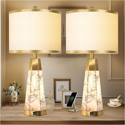 2 Lámparas Mesa Alabastro 27" Luz Nocturna USB A