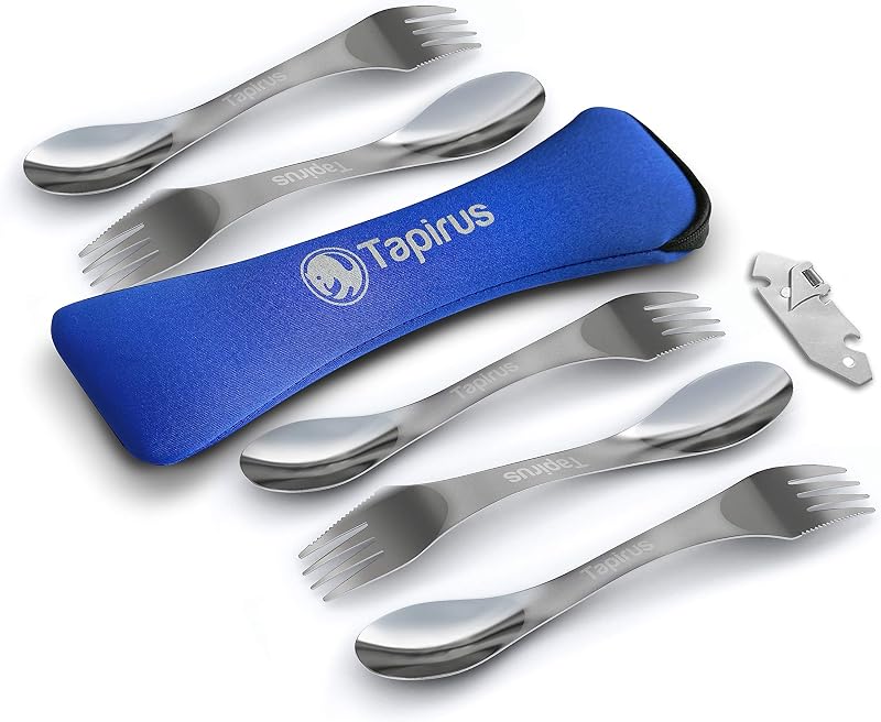 Set 5 utensilios acero inox con abridor y funda para campamento