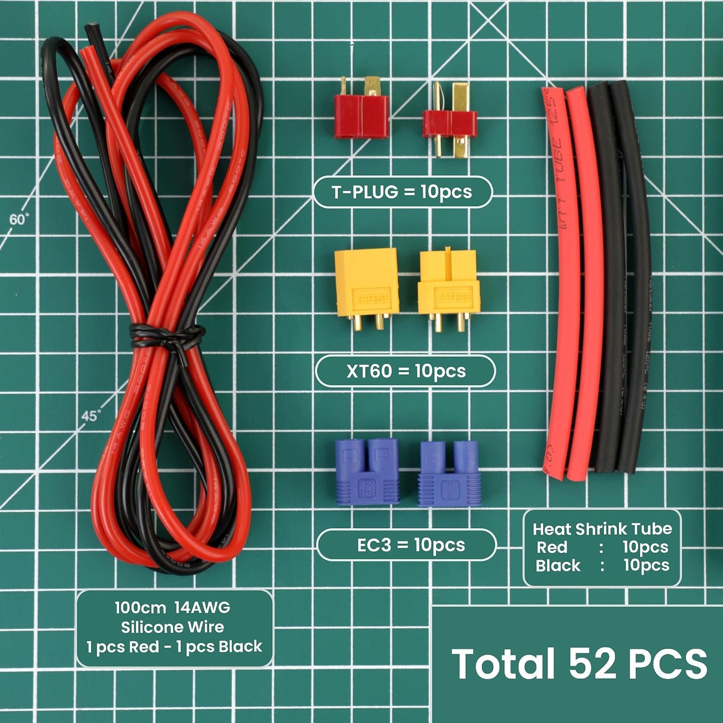 Adaptador T-Plug EC3 XT60 con cable 14awg y tubo termo 52uds