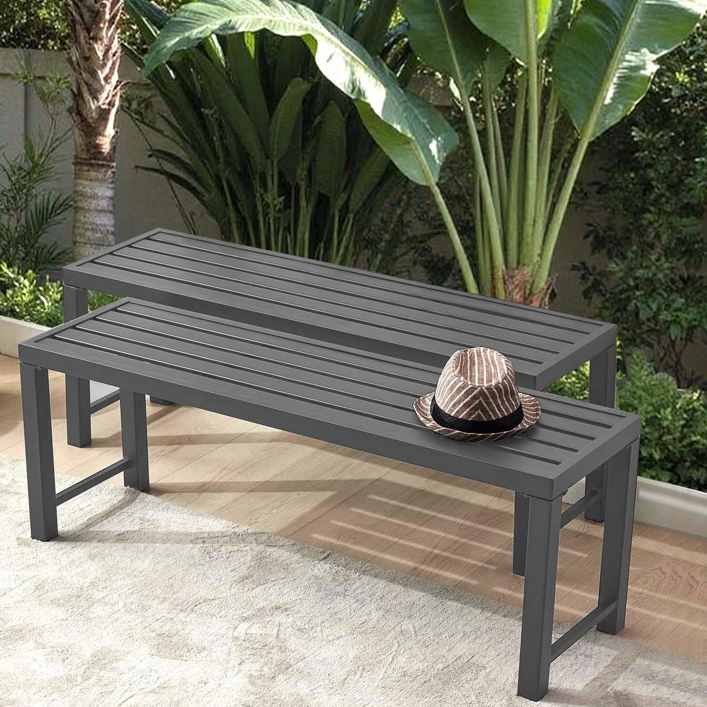 Banco gris metal exterior resistente set 2 soporte plantas