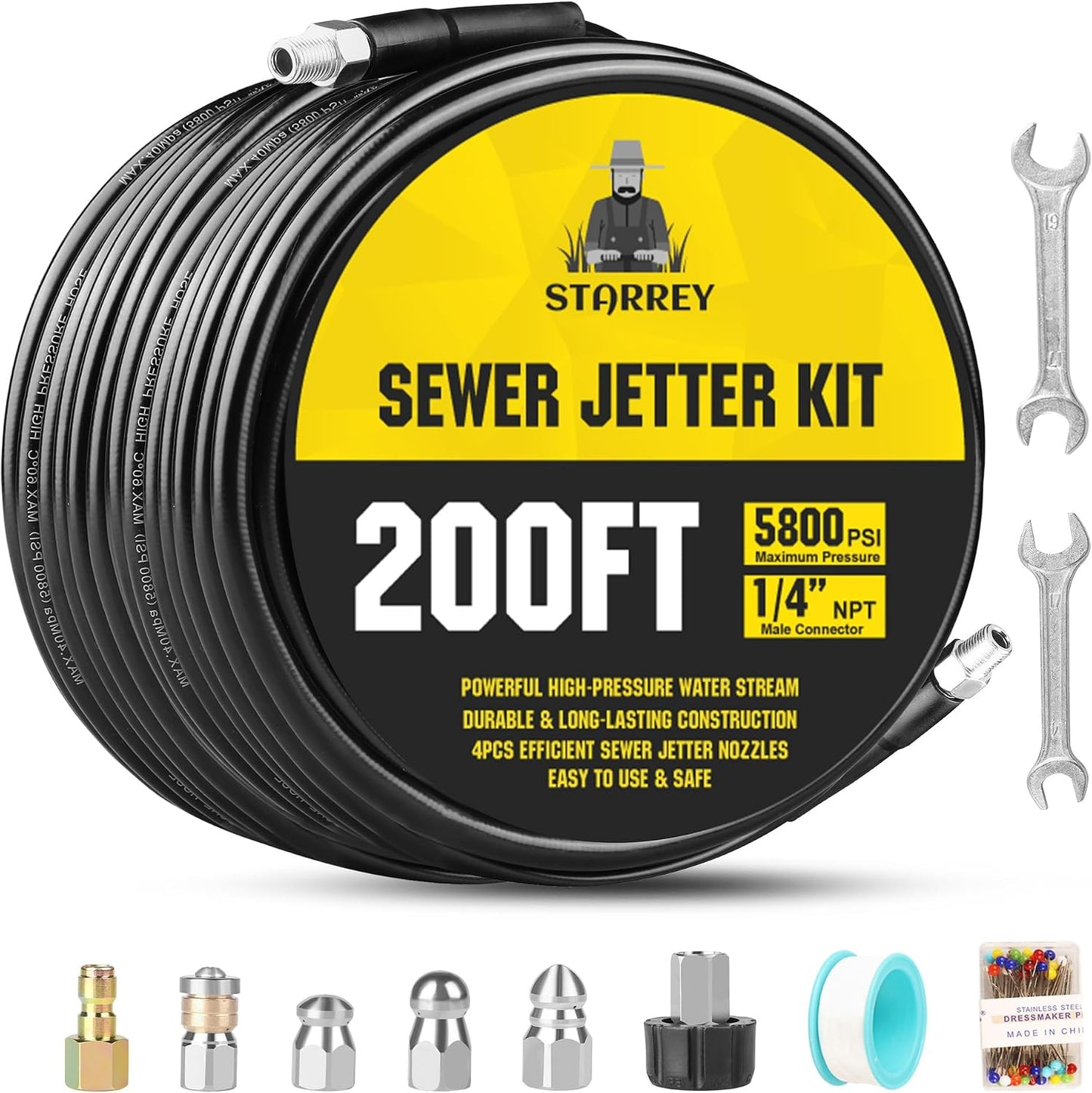 Kit chorro drenaje lavadora 200ft 5800psi manguera 1/4pulg