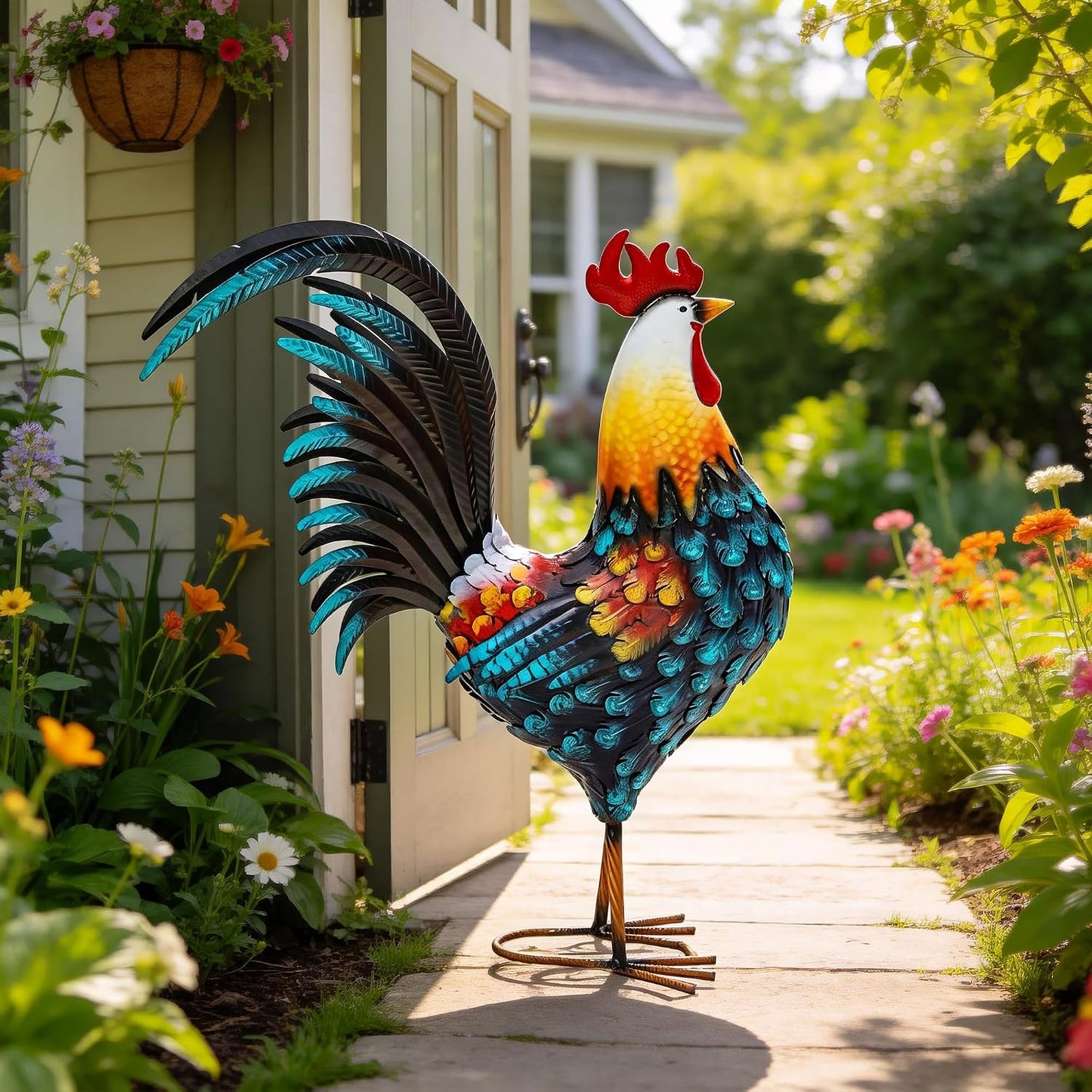 Escultura gallo metal 32pulg para jardín y cocina