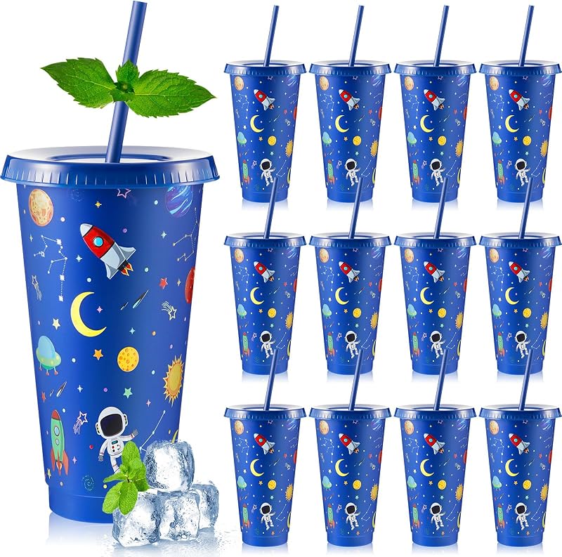 12 Vasos Plástico Fiesta Espacial con Tapa Pajilla 24oz