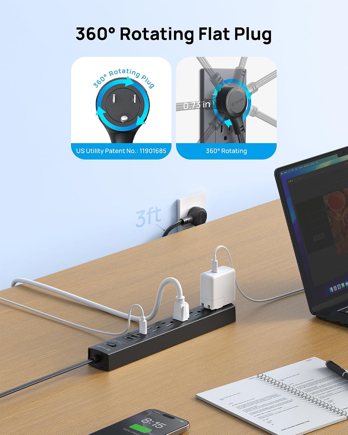 Tira alimentación con protector sobretensiones 5 tomas USB C y A