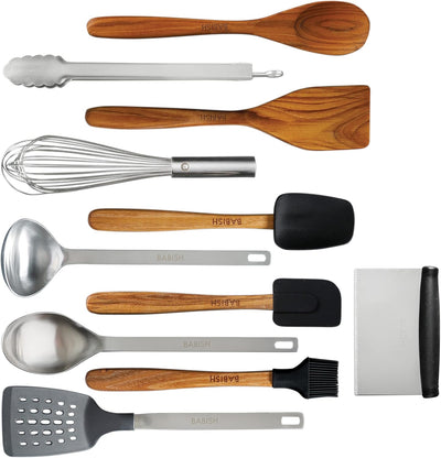 Set 11 Pzas Herramientas Madera Teca Silicona Acero Inox