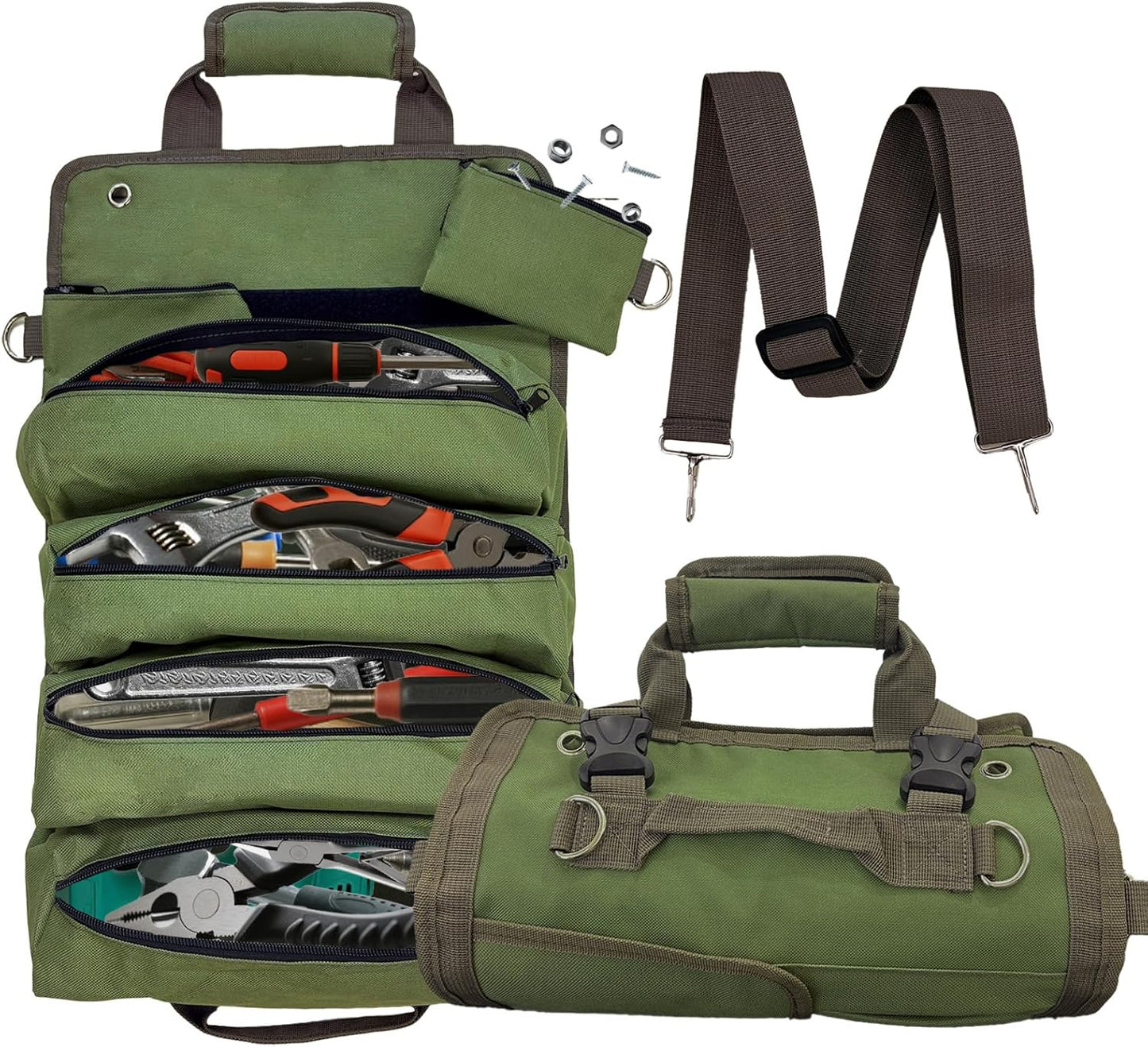 Bolsa herramientas enrollable 11 bolsillos plegable verde