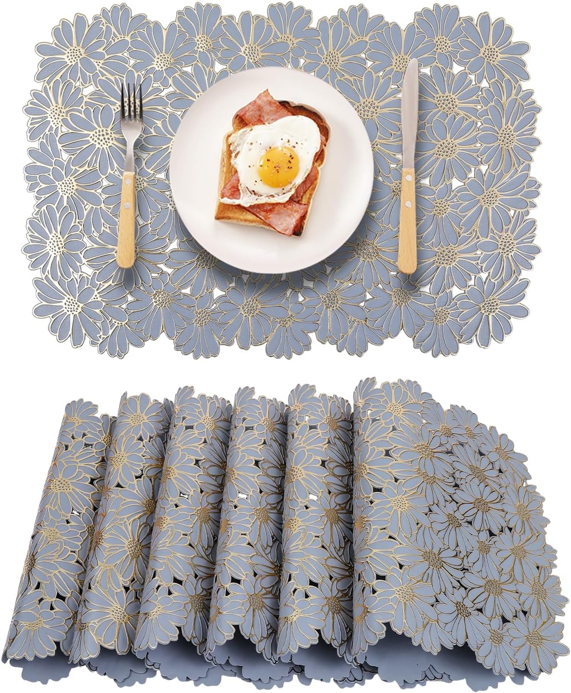 Set 6 manteles PVC azul relieve flores doradas