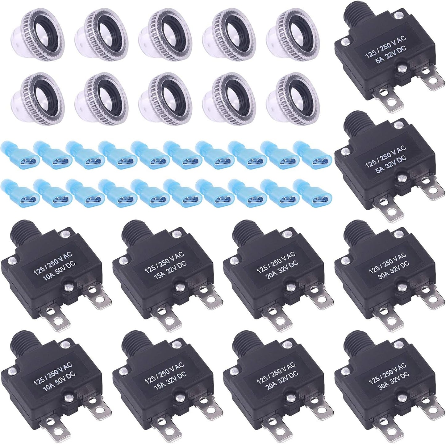 Set 30 disyuntores CC 5A-30A con tapas impermeables