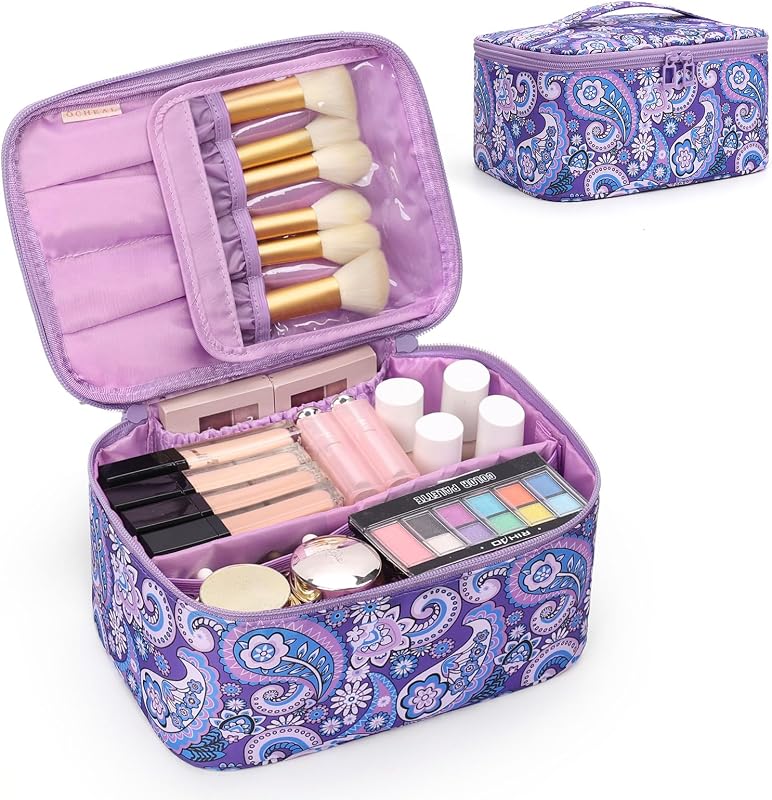 Bolsa maquillaje mujer viaje con asa divisor morado