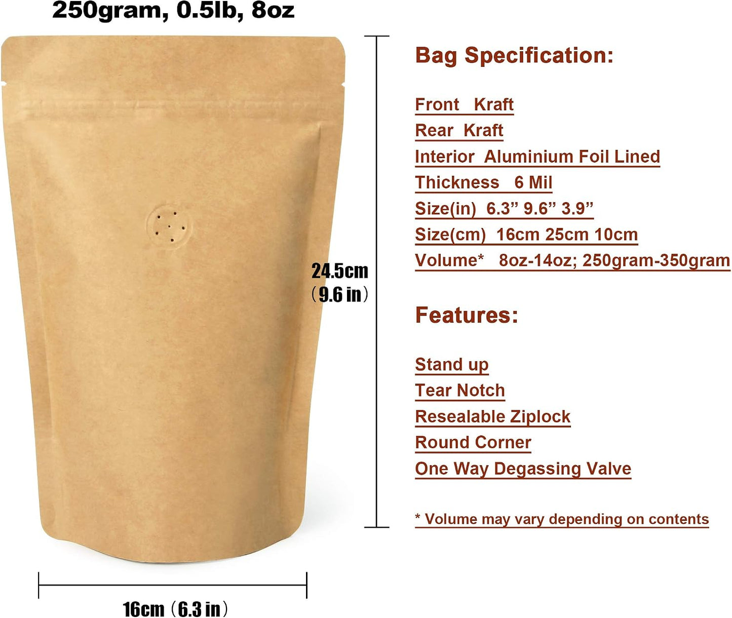 Bolsa café papel kraft 250g cierre cremallera válvula