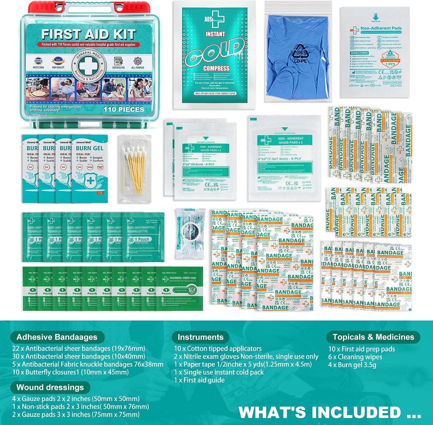 Kit primeros auxilios 110 pzas caja rígida para viaje hogar