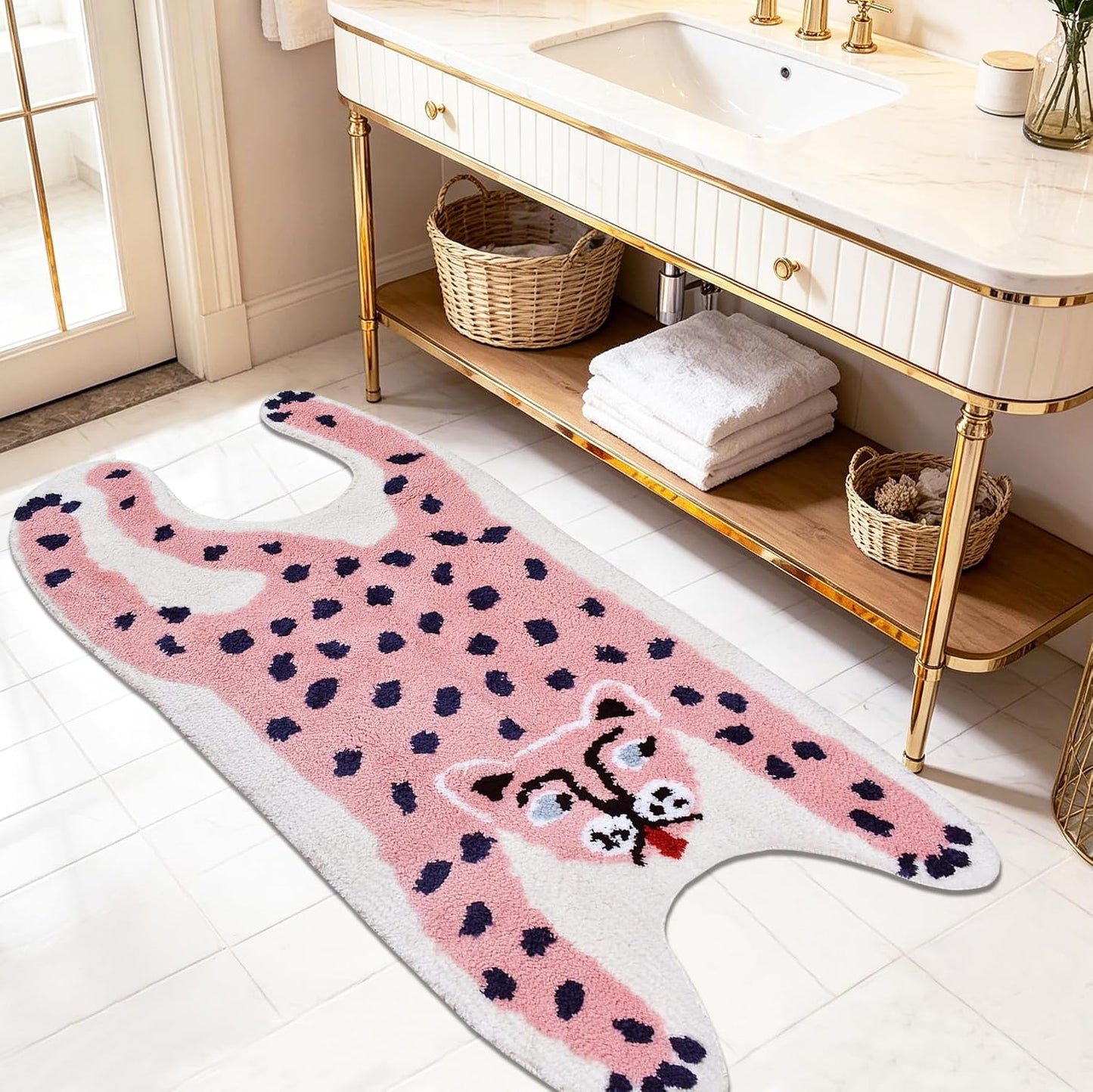 Tapete sala set forma leopardo antiderrap rosa