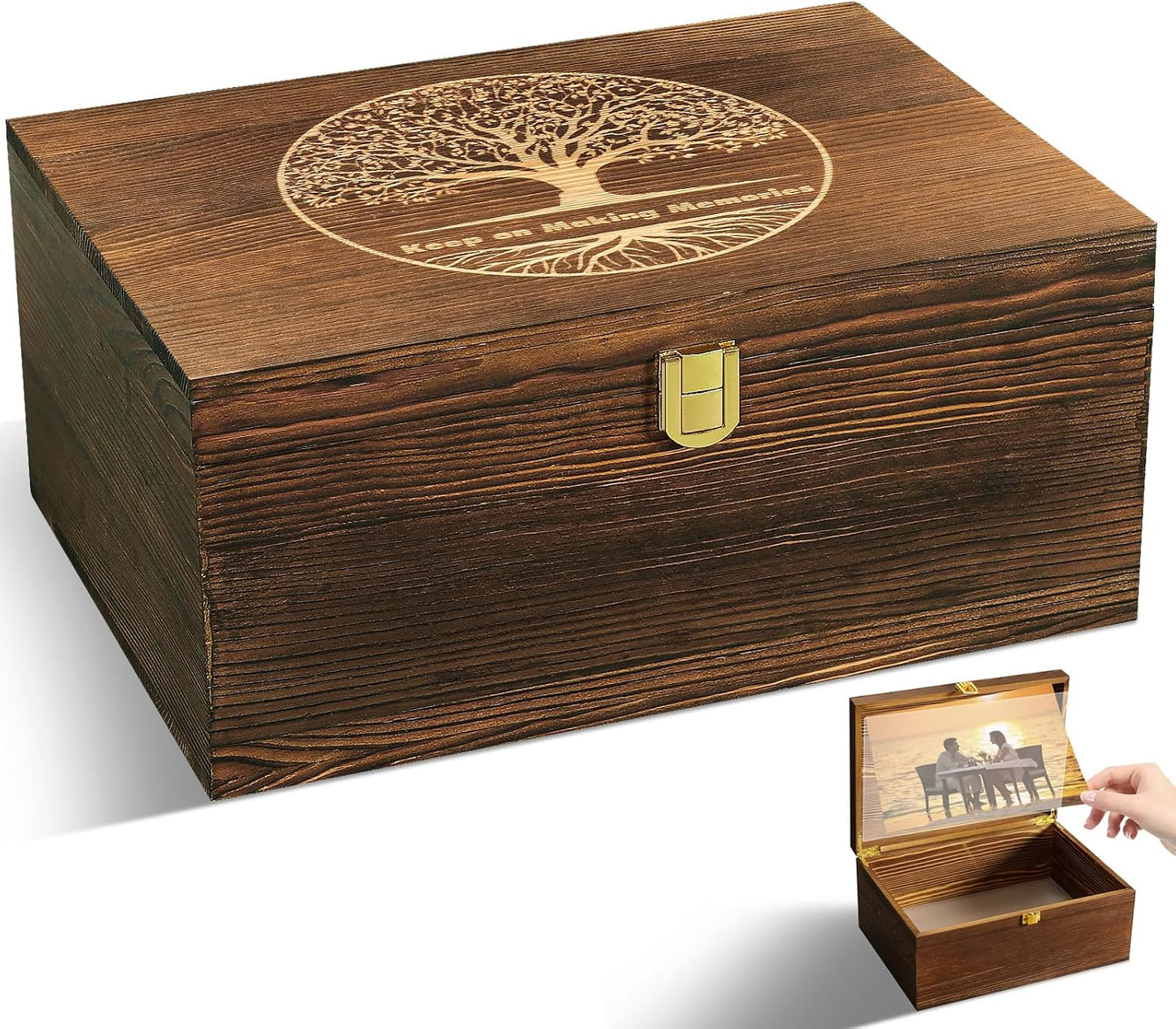 Caja recuerdos madera grande árbol vida con tapa y marco