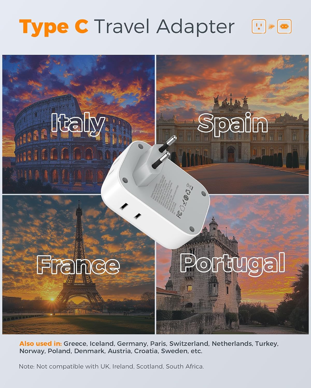 Adaptador enchufe USB C EE.UU. a Europa 4 tomas 3 puertos