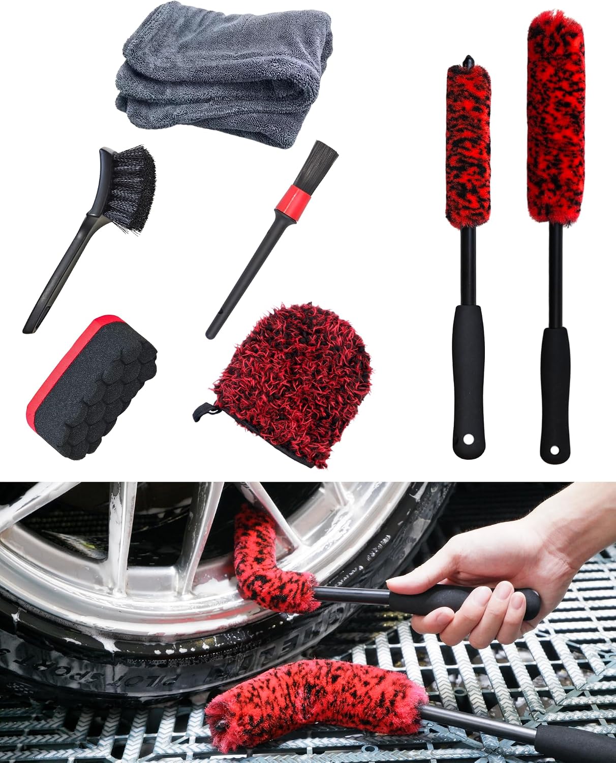 Kit 7 Pzas Limpieza Llantas Auto Guante Cepillo Neumáticos