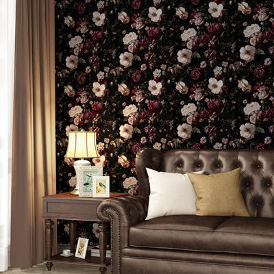 Papel tapiz floral negro autoadhesivo 17.5x118pulg impermeable