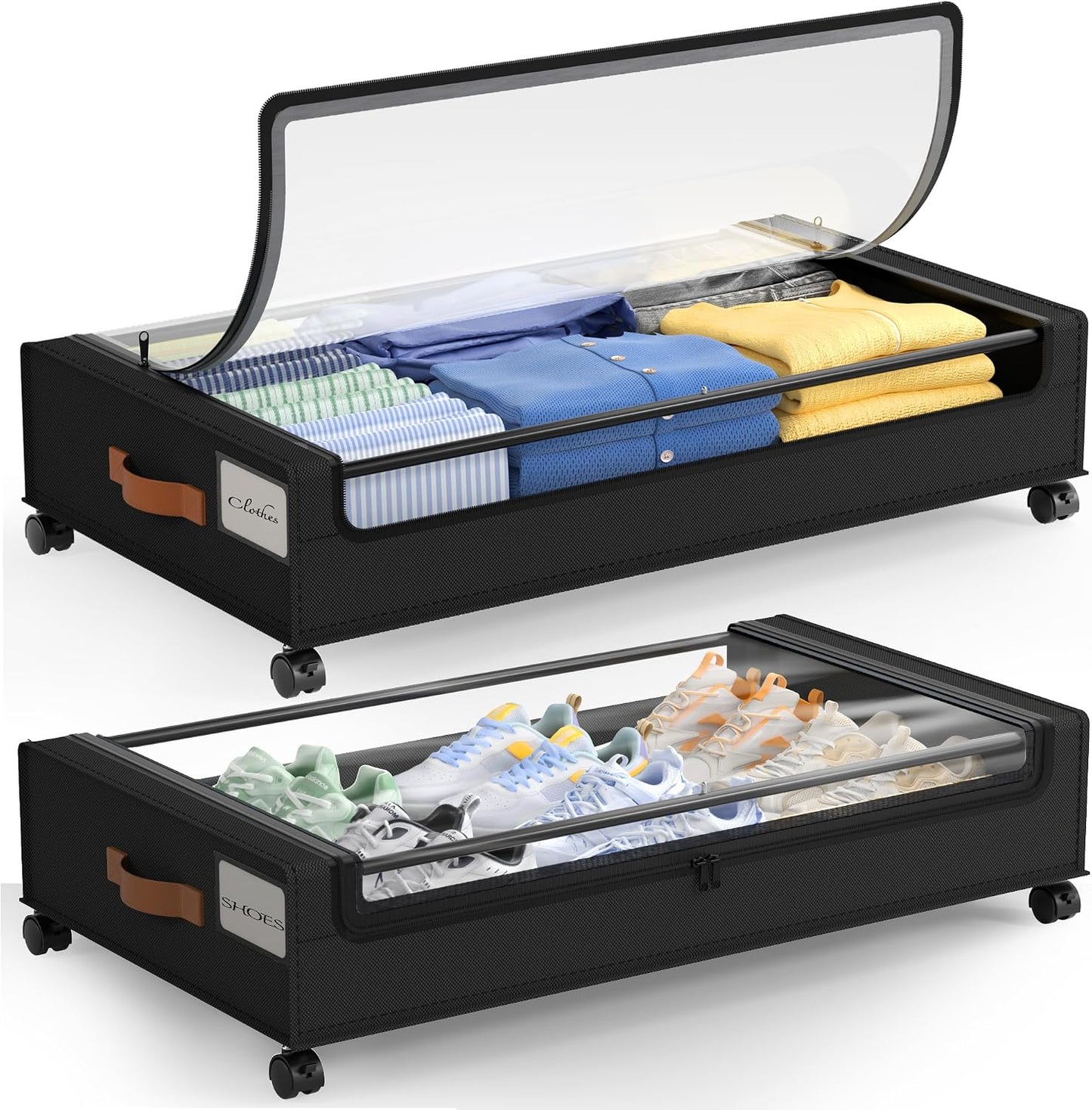 2 Contenedores Almacenamiento Cama con Ruedas XXL 60L Negro