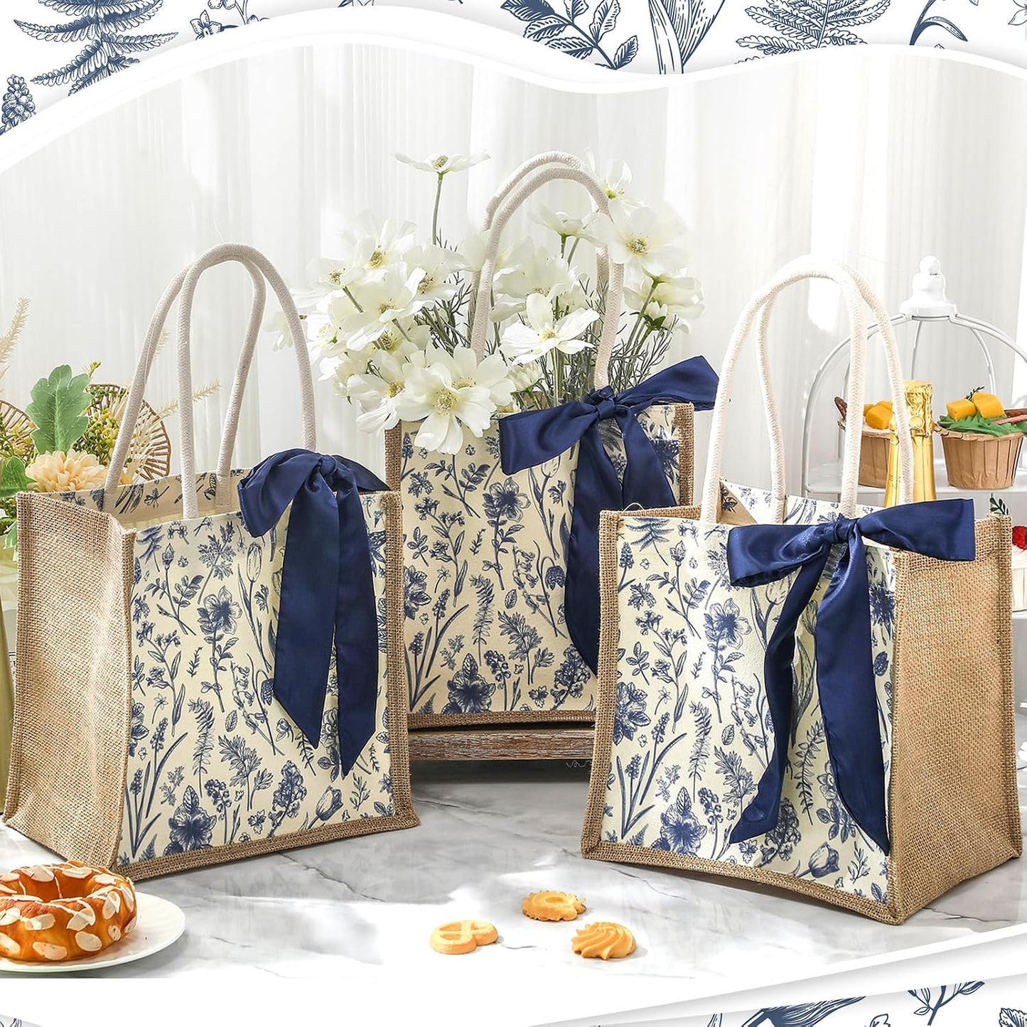 6 Pzas Bolsas Yute Reutilizables Chinoiserie Azul Floral