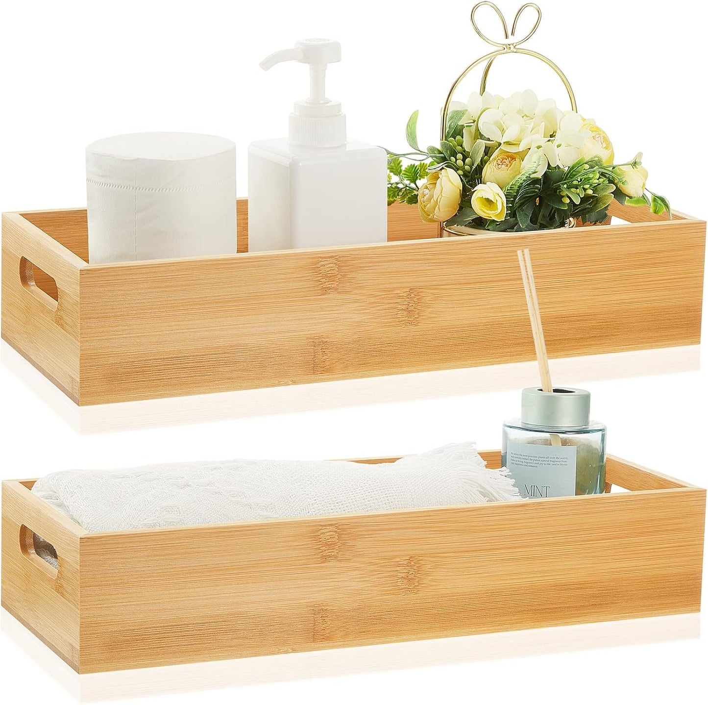 2 Bandejas Bambú Inodoro con Cesta Madera y Almohadillas