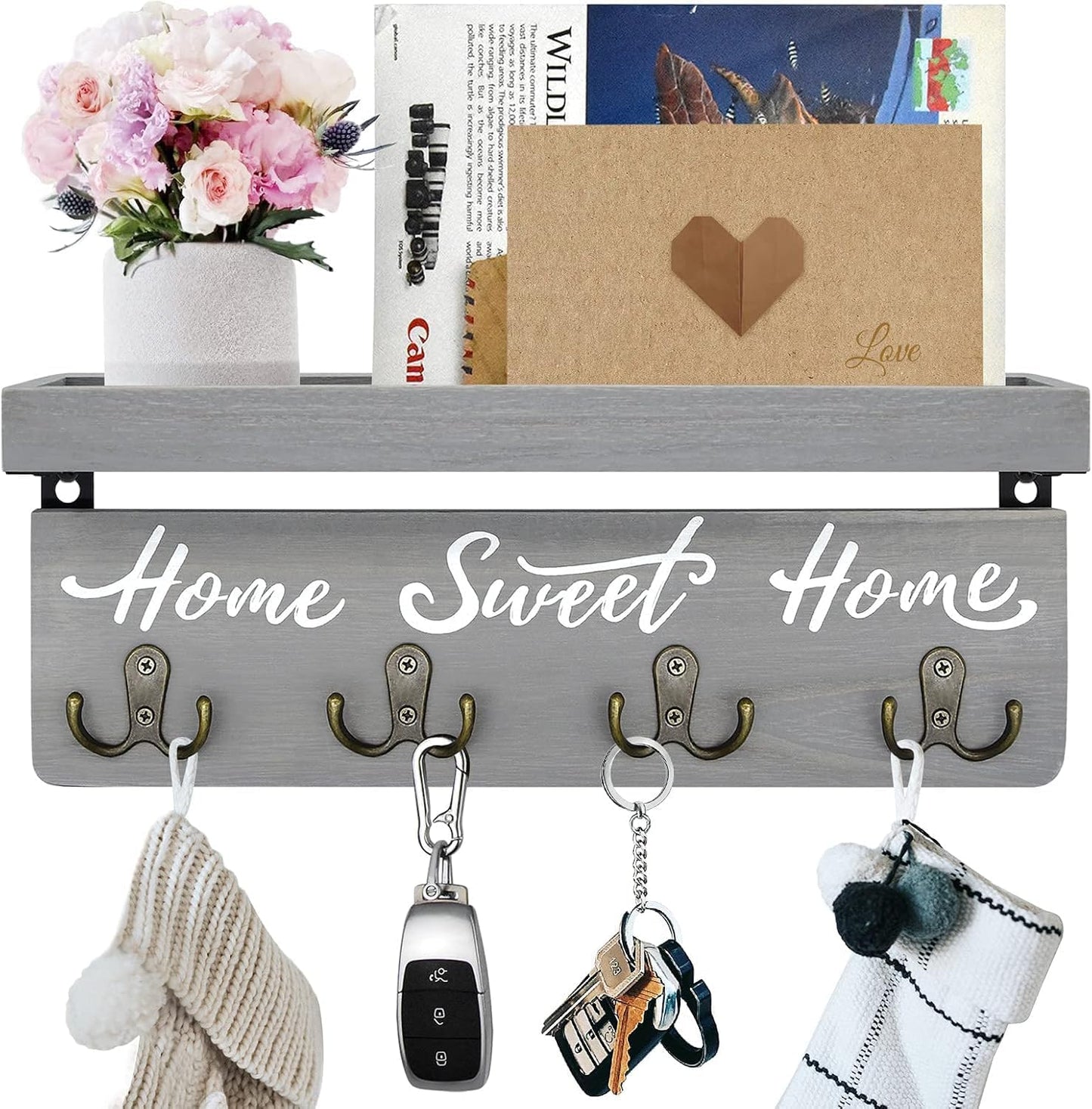 Soporte pared llaves 4 ganchos dobles madera rústico